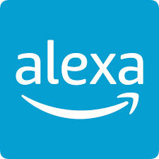 The image is a logo for Amazon Alexa. It features the word "alexa" in lowercase white letters on a bright blue background. Below the text, there is a white curved arrow that resembles a smile, which is part of Amazon's branding.